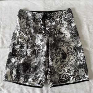 Y2K Fox Riders Co Mens Board Shorts Black White Skater Surfer Beach Size 34